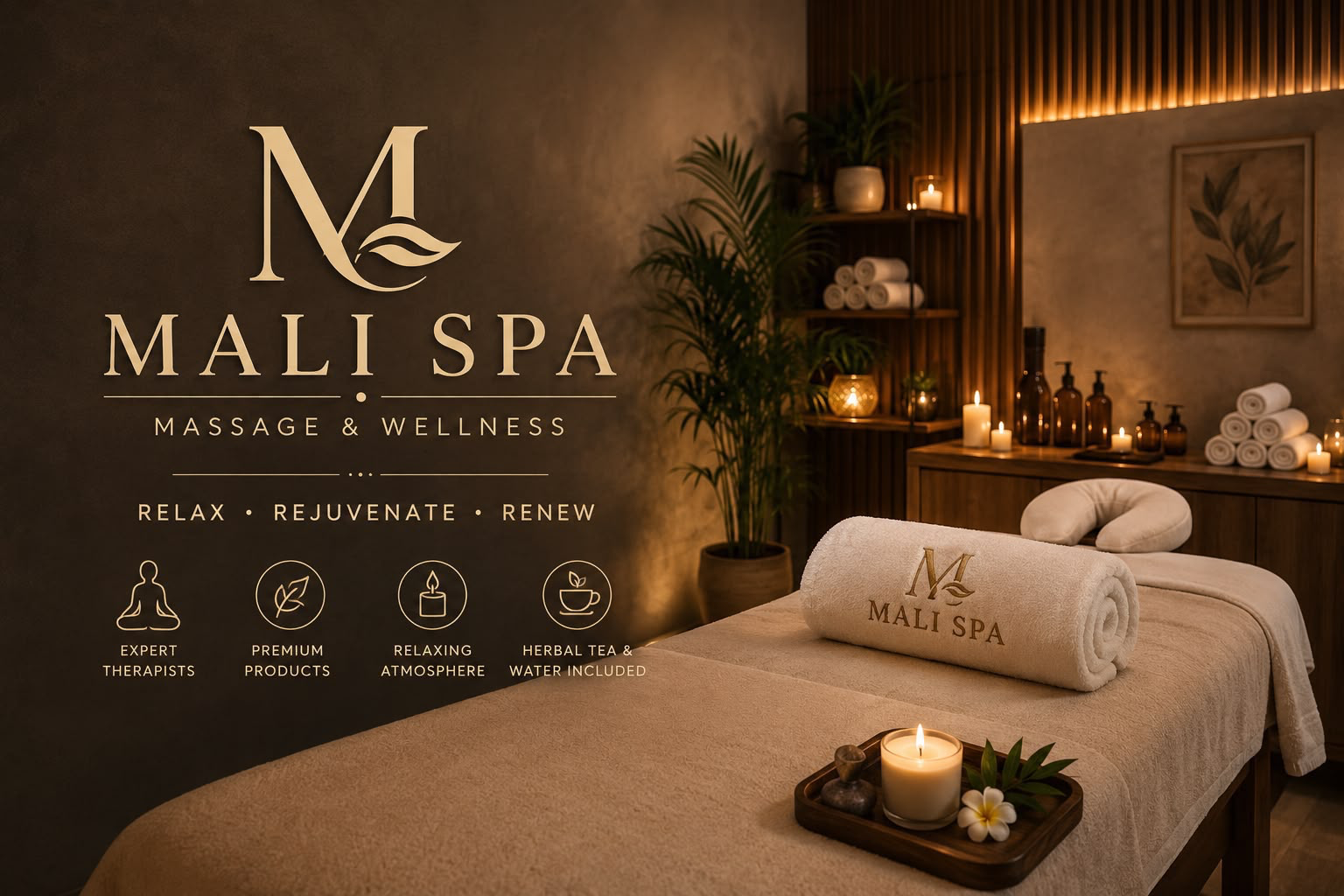 Mali Spa Massage & Wellness — Relax, Rejuvenate, Renew. A candlelit massage room with the gold Mali Spa logo, warm wood and soft towels. Banner highlights: expert therapists, premium products, relaxing atmosphere, herbal tea and water included.