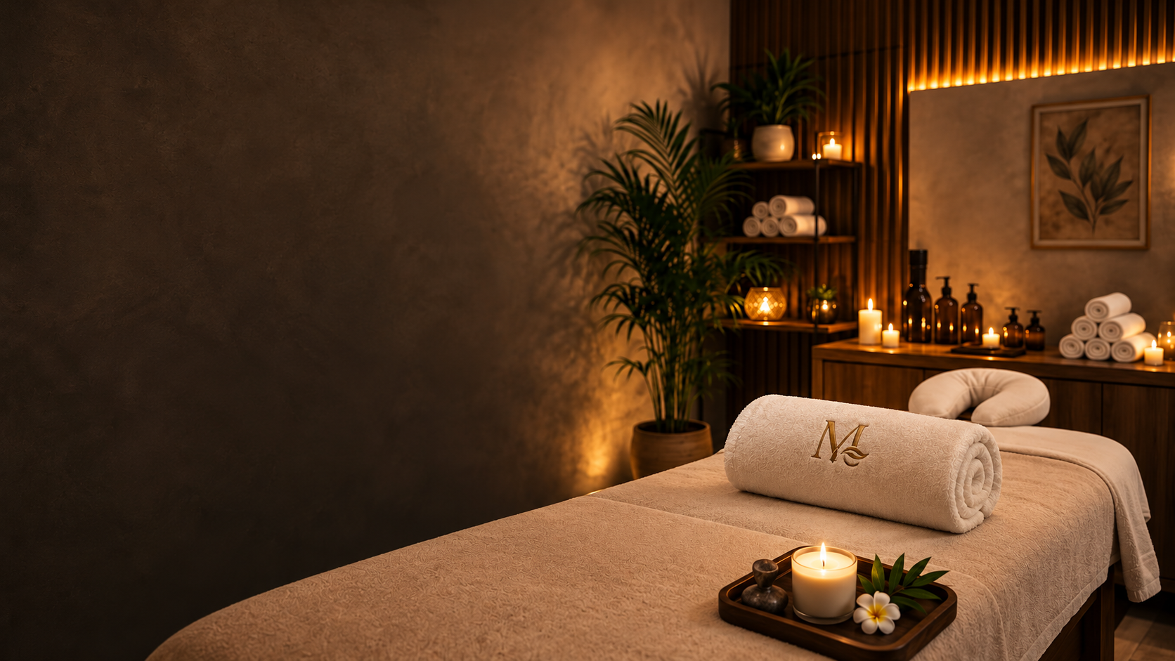 Warm candlelight, natural textures and a massage table in the Mali Spa brand imagery