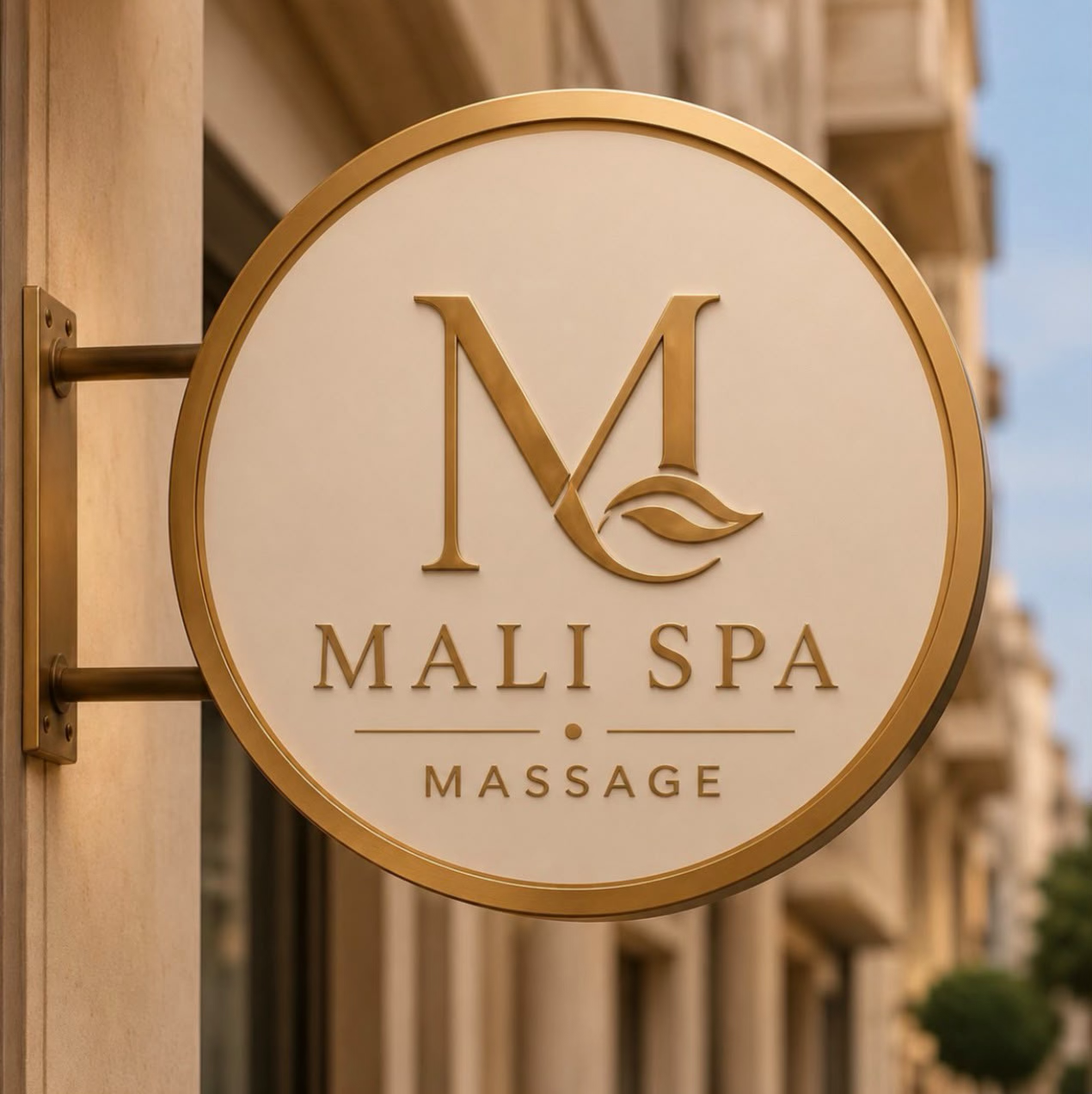 Mali Spa's gold M and leaf logo on a round cream sign